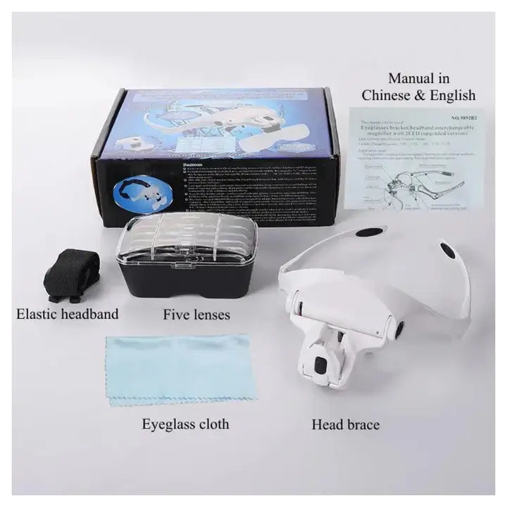 Gafas Lupa + Diadema + Luz Led + 5 Lentes Aumento + Correa