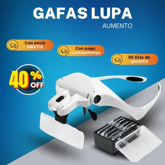 Gafas Lupa + Diadema + Luz Led + 5 Lentes Aumento + Correa
